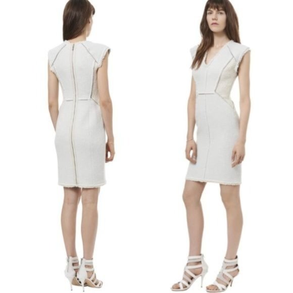 Rebecca Taylor | Frayed Leather Zipper Trim Textured Tweed Combo Midi Dress - Picture 1 of 10